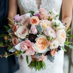 A bouquet of colorful and fresh flowers held by a bride, symbolizing a wedding celebration