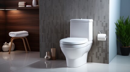 A white toilet is in a bathroom with a grey wall. The toilet is in the middle of the room and is surrounded by a few decorative items such as a vase and a potted plant. The bathroom has a modern