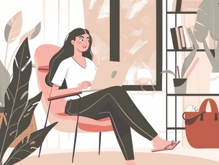 A woman is sitting in a chair with a laptop on her lap. She is smiling and she is enjoying her time. The room is decorated with plants and books, giving it a cozy and comfortable atmosphere