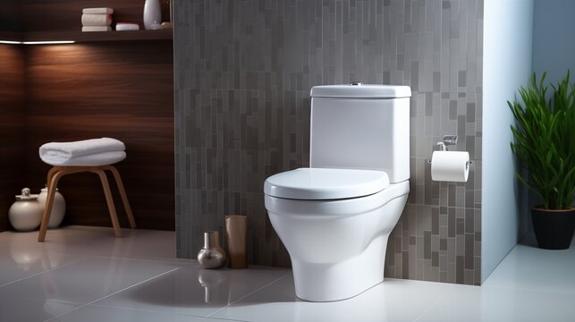 A white toilet is in a bathroom with a grey wall. The toilet is in the middle of the room and is surrounded by a few decorative items such as a vase and a potted plant. The bathroom has a modern