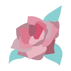 Abstract rose flower head in flat design. Pink and red blossom with leaves. Vector illustration isolated.