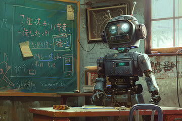 cute robot teacher in front of the blackboard, in the anime style