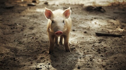   A small pig atop a dirt mound, near piles of dirt and wood
