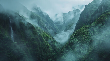A breathtaking view of a majestic mountain range shrouded in mist, with winding hiking trails...