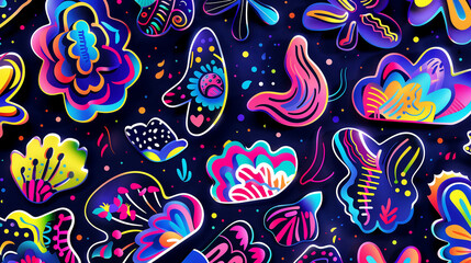 Fototapeta premium Envision an abstract sticker pack where clouds and flowers merge into unique artistic shapes, each featuring vibrant, saturated colors and intricate patterns that capture the eye