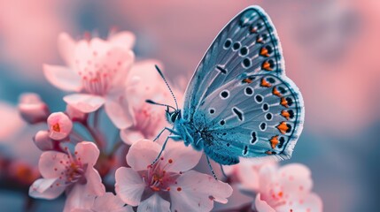   A tight shot of a butterfly atop a pink blossom against a backdrop of blue sky
