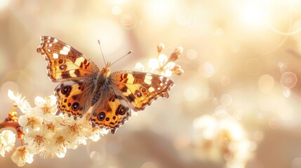   A tight shot of a butterfly atop a bloom, backed by haloed light
