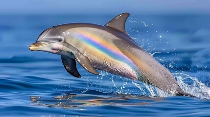   A dolphin leaping from the water, rainbow adorning its face and open mouth