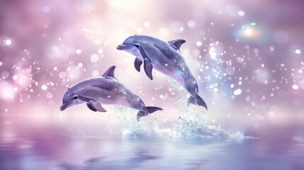   Two dolphins leap from the water against a backdrop of a beacon, casting a radiant glow over a purple and pink scene