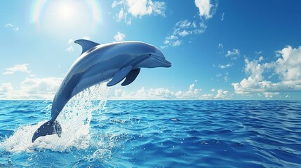   Dolphin leaping from turquoise water against a backdrop of clouds and glowing sun
