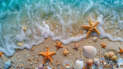 A scenic view of starfish and seashells on a sandy beach with approaching waves.