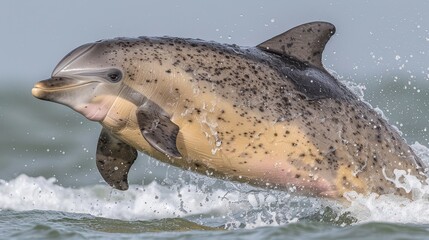 Naklejka premium A dolphin leaps from the water, mouth agape, head above surface