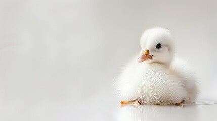 Fototapeta premium A small white duckling atop a white floor, beside a reflecting white wall; its head mirrored in the floor