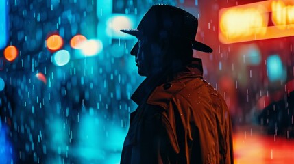 Obraz premium dark silhouette of a male detective in a coat and hat in the rain on a night street in the style of Noir