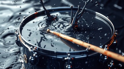 Drum stick drumming hit beat rhythm on drum surface with splash painting drops. Abstract...