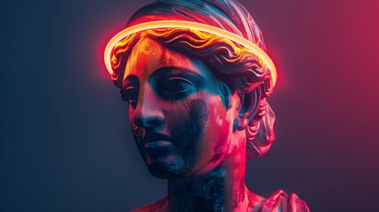 Female plaster statue head with neon light, contemporary collage. Antiquity and modernity, Artificial Intelligence, Universe concept