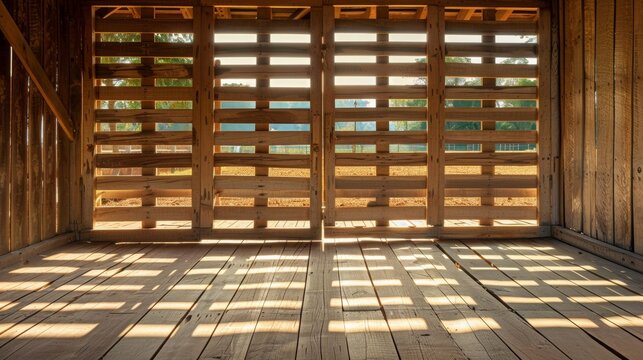 Gate made of wooden bars with horizontal iron bars, it is used in the field for security and passage of animals and machinery, with the shadow of the sun on the floor it forms an abstract design  