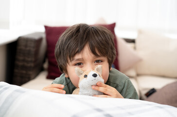 Kid boy smiling face playing with plush toy,Adorable little boy playing with soft dog toy,Portrait child relaxing at home in summer,Positive children with a happy face sitting in living room