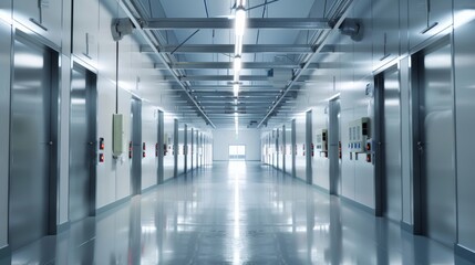 Interior of a modern meat freezing warehouse with state-of-the-art refrigeration systems, showcasing advancements in food preservation technology.
