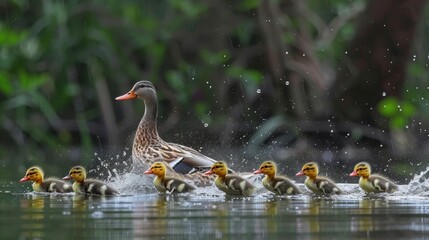   A group of ducks swims atop a lake Smaller ducks are in the middle