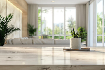 Presentation desk space with blurred modern living room background.