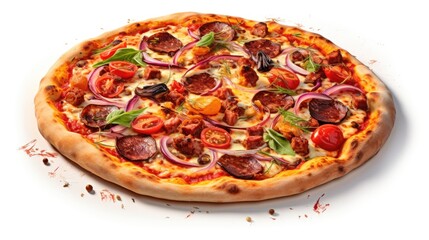 Gourmet pizza photo realistic illustration - Generative AI. Pizza, tomato, sauce, basil.