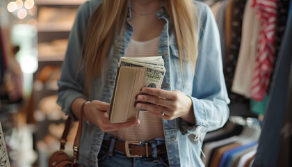 Young woman with wallet and money in boutique, closeup