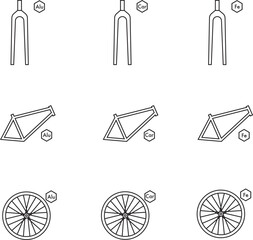 A set of bicycle components icons (fork, frame, wheels)