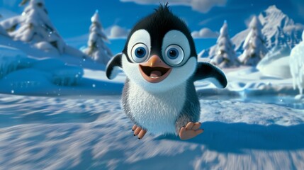   A penguin, depicted in a cartoon style, stands with wide-open eyes and an agape mouth amidst falling snow Snow-capped mountains loom in the background