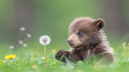 Obraz premium A brown bear cub sits in the grass holding a dandelion Behind it, another dandelion blooms