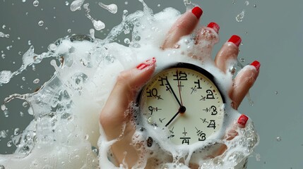 Woman's hand with red nails holding a clock surrounded by splashing water