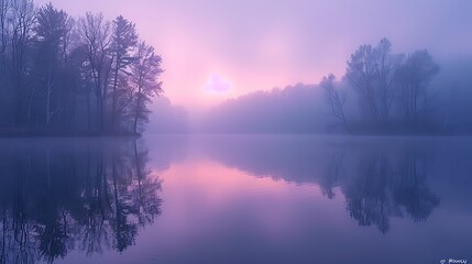 Fototapeta premium A panoramic view of a misty morning over a calm lake, where the mist subtly shifts in color from a soft gray to a whisper of lilac, reflecting the early morning sky.