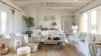 seaside retreat with minimalist coastal design featuring a white couch, wood table, 