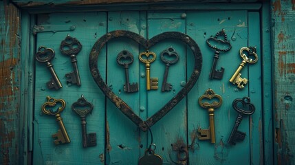   A blue door displays a heart-shaped arrangement of keys....Or, for a more descriptive version:..A blue door is adorn