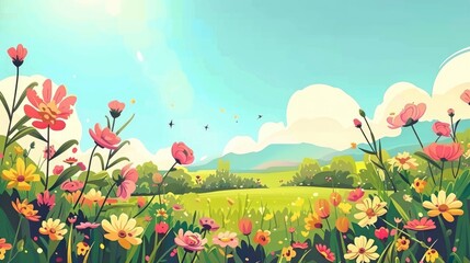 Sunny Sky Over A Spring Field Of Growing Flowers, Casting A Warm And Comforting Glow Over The Landscape, Evoking Feelings Of Joy And Renewal, Cartoon Background