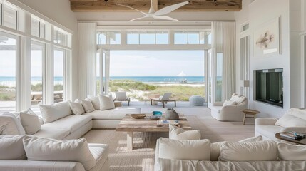 seaside retreat with minimalist coastal design featuring a white couch, chairs, and pillows, complemented by a black television and large window, all set against a backdrop of white walls and