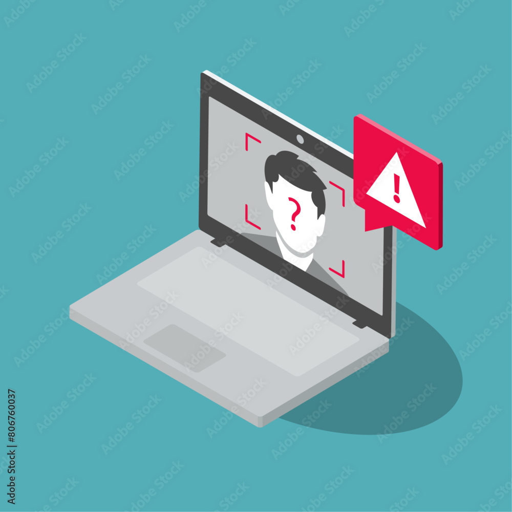 Poster deepfake attack symbol with a laptop computer and a manipulated fake video. flat design, easy to use