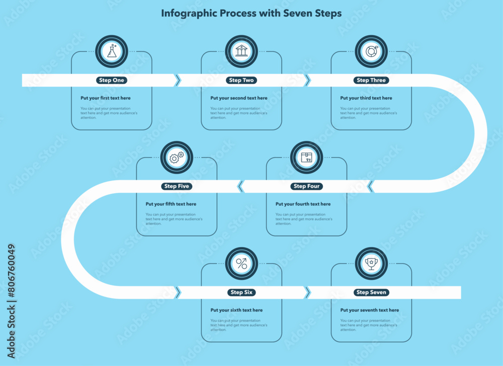 Aufkleber Infographic process diagram divided into seven steps with minimalistic icons - blue version. SImple chart design for workflow layout, diagram, banner, web design.