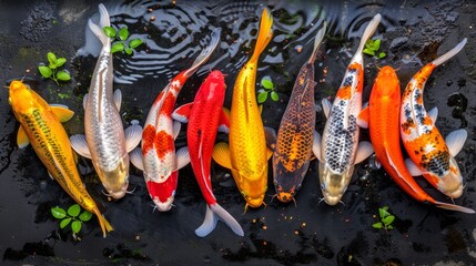  A collection of koi fish gliding atop verdant water, adjacent to a lush, leafy plant
