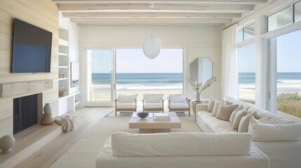 seaside retreat with minimalist coastal design featuring a white couch, wood and white chair, and large mirror, complemented by white pillows and a black television, all set against a backdrop