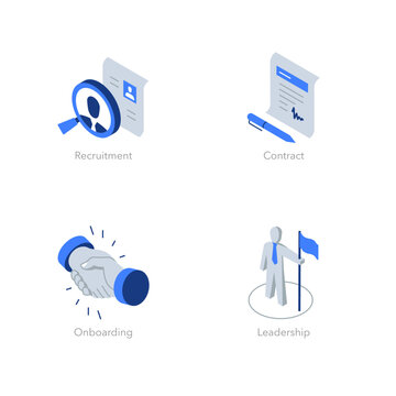 Simple set of isometric flat icons for human resources. Contains such symbols as Recruitment, Contract, Onboarding and Leadership.
