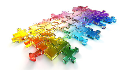 Visualize a meticulously crafted 3D jigsaw puzzle, where each piece is a shimmering fragment of glass reflecting a spectrum of colors