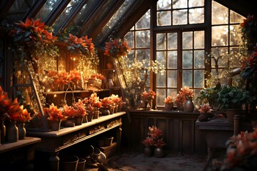 Interior of a greenhouse with flowers in the foreground. Panorama