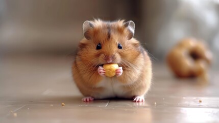   A brown hamster sits next to a donut on the floor, using its front paws to balance and nibble at...