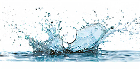 A vibrant image capturing a dynamic splash of water with droplets suspended in the air, isolated on a pure white background