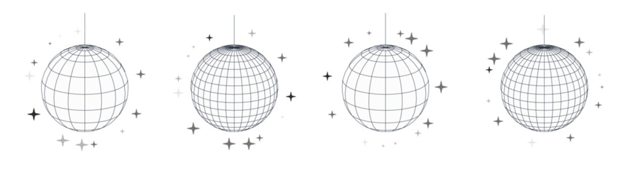 Disco ball vector in 3d style isolated on white background. Vector 3d disco ball background with stars and glitter. Music dance illustration.