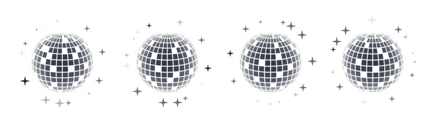 Disco ball vector in 3d style isolated on white background. Vector 3d disco ball background with stars and glitter. Music dance illustration.