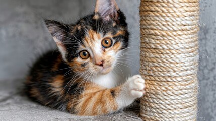   A small kitten scratches its head on a cat scratching post while playing