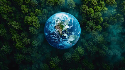 Earth is above the green forest. Concept for environment and conservation