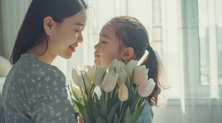 A mother and daughter giving flowers to each other on Mother's Day in the living room, white tulips with pink petals, a pastel blue dress for the girl